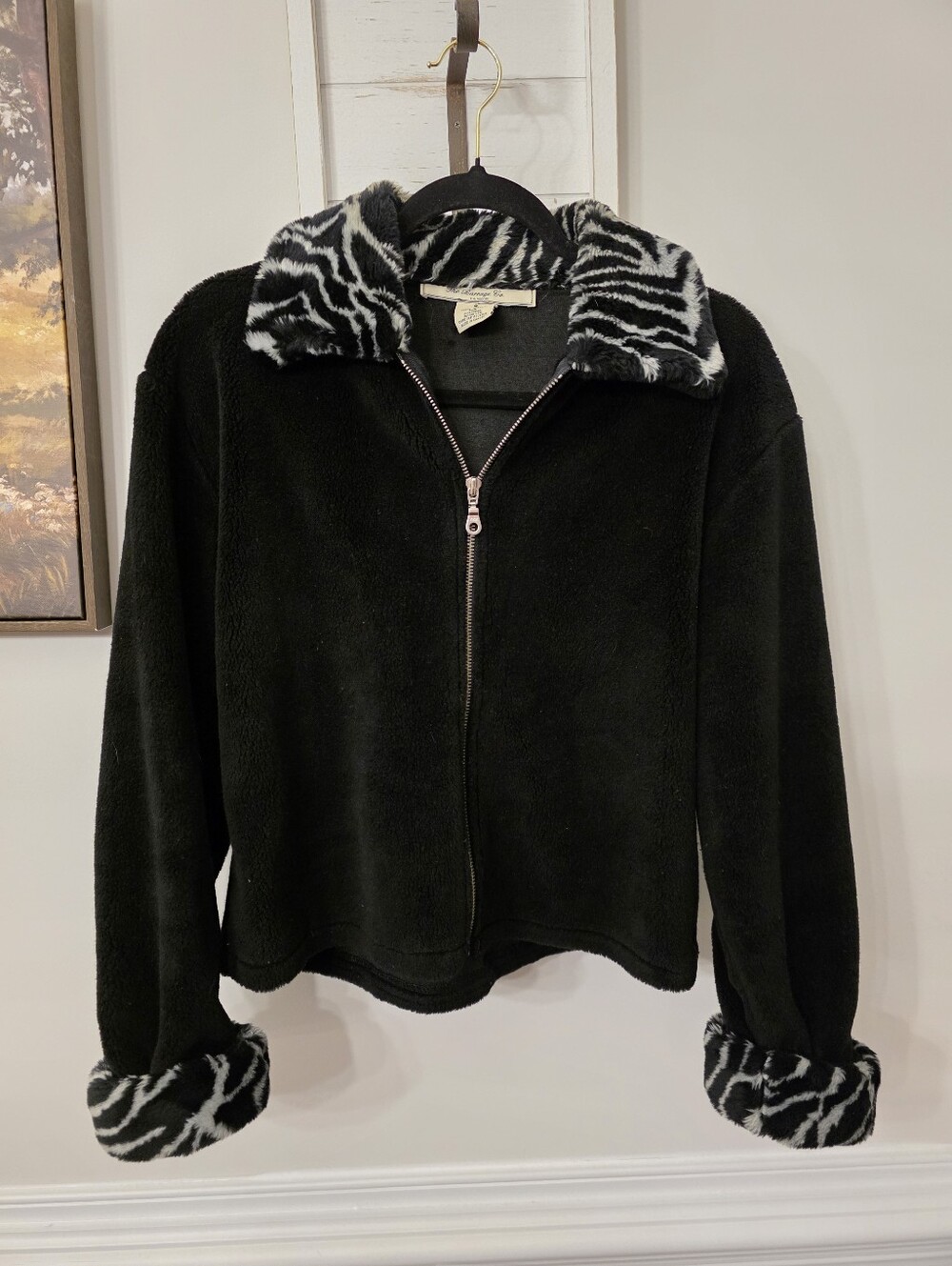 Black Fleece Jacket With Zebra Print Faux Fur Size Small